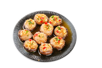Teppanyaki Stuffed Mushrooms with Garlic Vermicelli Noodles on Black Plate