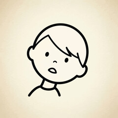 A simple black line art illustration of a young boy's head, depicted with a worried or confused facial expression on a textured background.