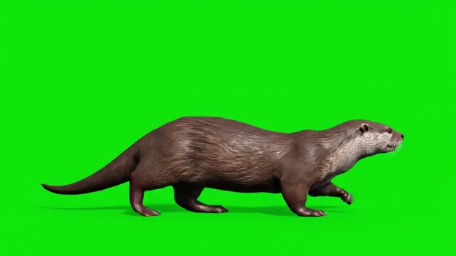 A brown otter with a long tail walks forward on a vibrant green background, showcasing its sleek fur and alert posture.