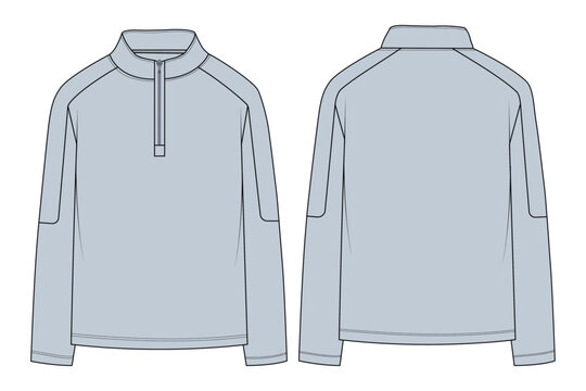 Athletic Quarter Zip Pullover Technical Fashion Illustration. Long Sleeve Half-Zip Top Design Template. 
Casual Mock Neck Quarter-Zip Sweatshirt Flat Sketch.
Performance Activewear Quarter Zip Jacket.
