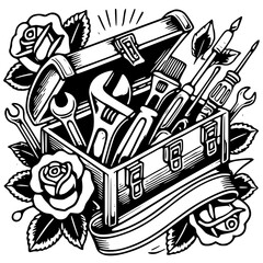 Open toolbox with tools and roses