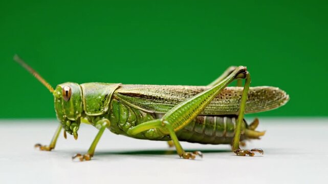 Close-up profile view of a vibrant green grasshopper against a solid green background.