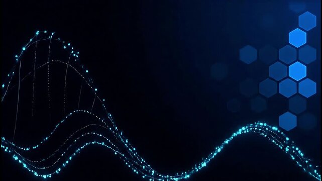 Abstract dark background with blue wavy lines and hexagon shapes in the corner