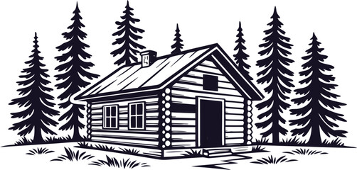Rustic log cabin nestled among tall pine trees in a forest