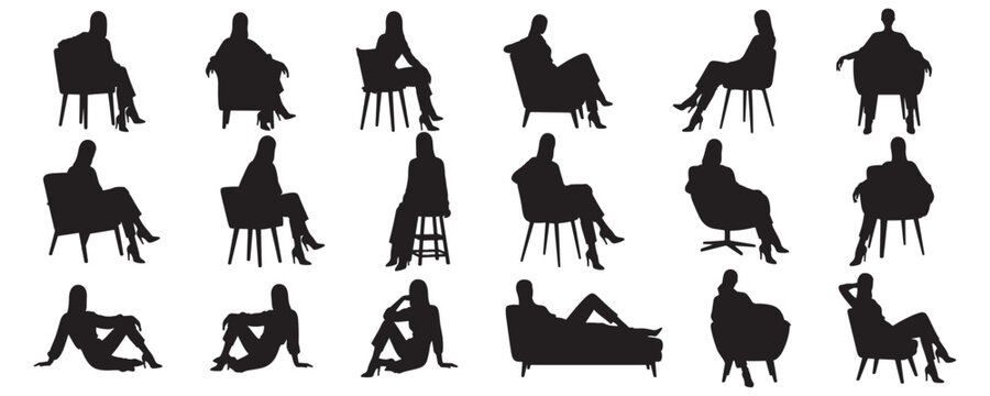 Architectural Drawings fashion models sitting in chairs, stools, and relaxed poses silhouette vector illustration,  front view, human person Minimal style hand drawn. Sections, Elevations, Floor Plans