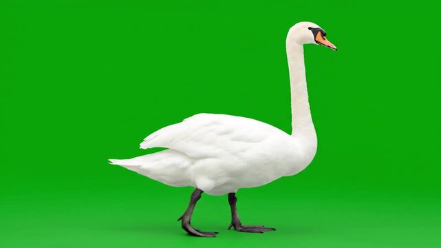 An elegant white swan with a long neck and orange beak walks in profile against a bright green chroma key backdrop.