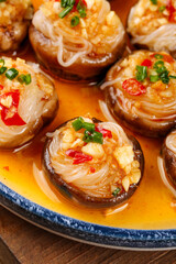 Teppanyaki Stuffed Mushrooms with Garlic Vermicelli Noodles Asian Signature Appetizer Dish