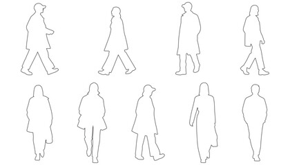 Architectural Drawings fashionable people in motion - walking, turning, and dynamic poses outline vector illustration, front view, human person Minimal style hand drawn. 