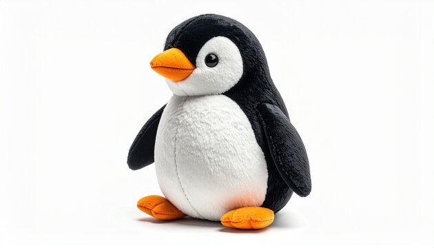 Plush penguin toy with black and white soft fabric orange beak stitched details round stuffed body and huggable design created as a cute children cuddly toy isolated on white background
