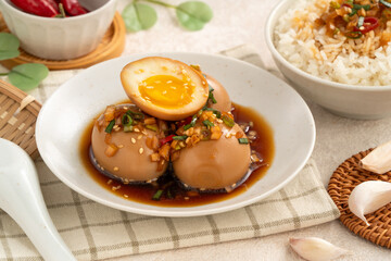 Korean Mayak Eggs in Soy Sauce with Garlic, Onion and Chili
