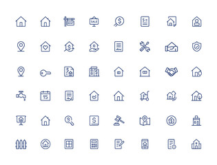 Real Estate and Property Icon Set, Vector Illustration, Adjustable Line Style, Home, Rent, Sale, Mortgage, Repair, Lease, Contract, Inspection, Garage, Key, Tax, Document, Housing
