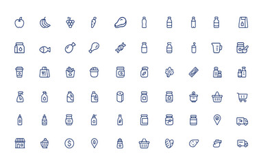 Grocery Food Vector Icon Set, Supermarket, E-commerce and Delivery Icons with Fruits, Vegetables, Dairy, Snacks, Beverages, Pantry, Meat, Household, Baby Items, Organic Food Illustration
