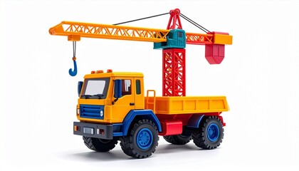 Plastic toy crane with extendable movable arm rotating top realistic hook durable wheels and bright colorful design created for construction pretend play games isolated on white background
