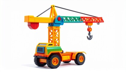 Plastic toy crane with extendable movable arm rotating top realistic hook durable wheels and bright colorful design created for construction pretend play games isolated on white background
