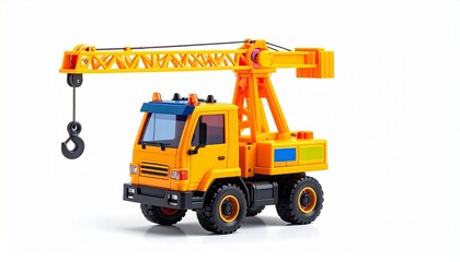 Plastic toy crane with extendable movable arm rotating top realistic hook durable wheels and bright colorful design created for construction pretend play games isolated on white background
