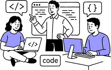 Web development. programming languages. css, html, it, ui. programmer cartoon character developing website, coding. flat illustration banner