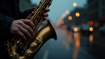 Obraz premium Musician playing a saxophone outdoors at dusk with bokeh lights