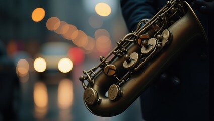 Obraz premium Musician playing a saxophone on a city street at night with bokeh lights