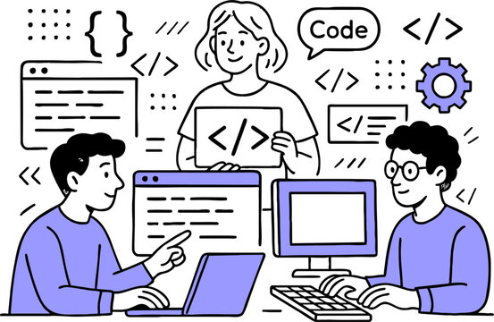 Web development. programming languages. css, html, it, ui. programmer cartoon character developing website, coding. flat illustration banner