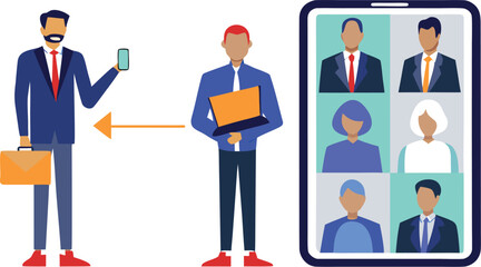 Editable Vector Illustration of Business Professional Bridging Distance with Remote Video Conference Call to Embrace Virtual Connections.