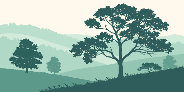 Silhouette of trees on rolling hills with a soft, hazy background