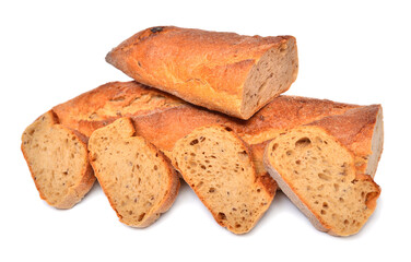 Freshly baked buckwheat baguette with slices isolated on white background. Bread, organic, healthy