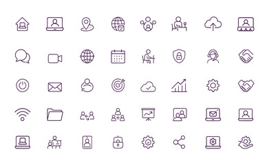 Flexible Remote Work Icons set, Virtual Office Vector, Telecommuting, Online Collaboration, Team Meeting, Cloud Storage, Networking, Productivity Tools, Digital Workspace, Communication Pack