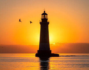 Lighthouse in the sea at sunset with calm waters and two birds in the sky against the light generative AI
