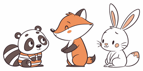 Cute cartoon panda, fox, and rabbit friends