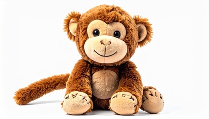 Plush monkey toy with long arms stitched smile soft brown fur cute stuffed cartoon style animal made with cuddly safe fabric for kids isolated on white background
