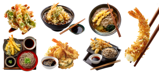 Set of Traditional Japanese cold hot soba buckwheat noodles with deep-fried seafood vegetable tempura platter, chopstick soup sauce, many variety, transparent cutout PNG. Mockup template for design	
