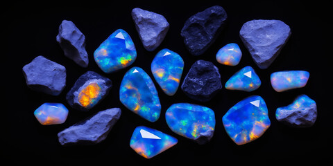 Vividly Colored Opal Gemstones with Unpolished Rocks in Artistic Display