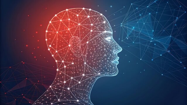 Abstract digital human head with glowing connections and particles