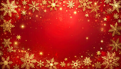 Red christmas background, Golden snowflakes frame a festive red background with sparkling stars, Christmas Greeting Card Banner generative AI