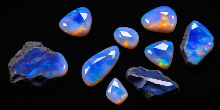 Vividly Colored Opal Gemstones with Unpolished Rocks in Artistic Display