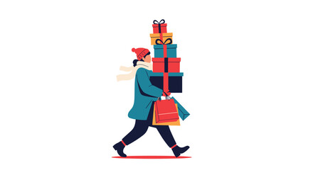 Naklejka premium Woman carrying a large stack of wrapped gifts and shopping bags during the holiday season