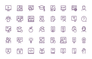 Education, Online Learning, Webinar, Certification, Virtual Training Icon Set, eLearning, Digital Classroom, Graduation, Remote Study, Language Course, Adjustable Line Weight, school icon vector