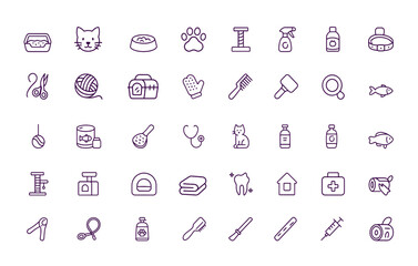 Cat Grooming Care Icon Set, Vector Illustration, Feline Hygiene, Pet Accessories, Feeding Bowl, Scratching Post, Collar, Litter Box, Veterinary Tools, Kitten Supplies, black linear icons, animal care 