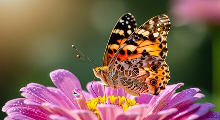 Obraz premium Butterfly with intricate patterns rests on a pink flower, bathed in sunlight.