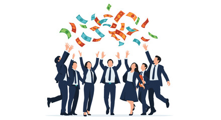 Team of business professionals celebrating with money raining down around them a symbol of financial success and prosperity