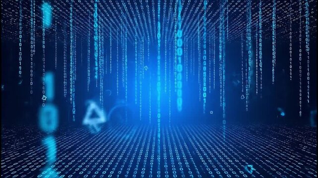 Blue binary code rain falling with geometric shapes and floor grid background