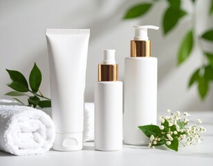 白い化粧品ボトルが整列したスキンケア製品の高級感あるモックアップ素材｜化粧品,ボトル,スキンケア,美容,パッケージ,白背景	