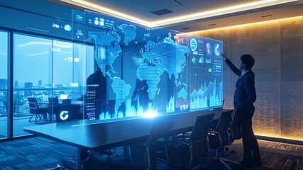 Futuristic boardroom meeting with advanced transparent display and global data insights - Powered by Adobe