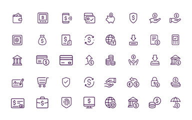 Banking and Finance Vector Icon Set, Wallet, Credit Card, ATM, Mobile Payment, Cash, Piggy Bank, Deposit, Transaction, Currency, Savings, Checkout, Receipt, Secure Money Icons, economy