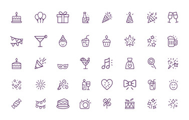 Birthday Party Celebration Icons, Vector Set of Cake, Balloons, Gift Box, Confetti, Party Hat, Calendar, Toast, Champagne, Decorations, Drinks, Fun Elements, Event Graphics