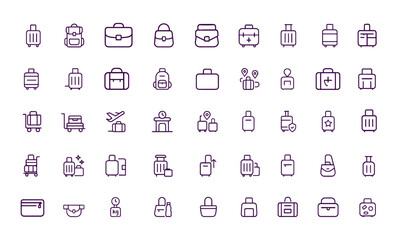 Luggage and travel icon collection, featuring suitcase, backpack, briefcase, purse, baggage, airport and station elements in outline style, linear stroke vector, editable design, holiday bag icons