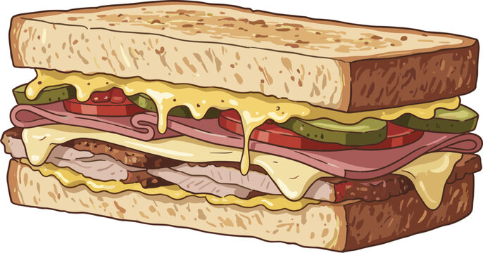 Cuban Sandwich with Ham, Cheese, Pickles &ndash; Vector Illustration