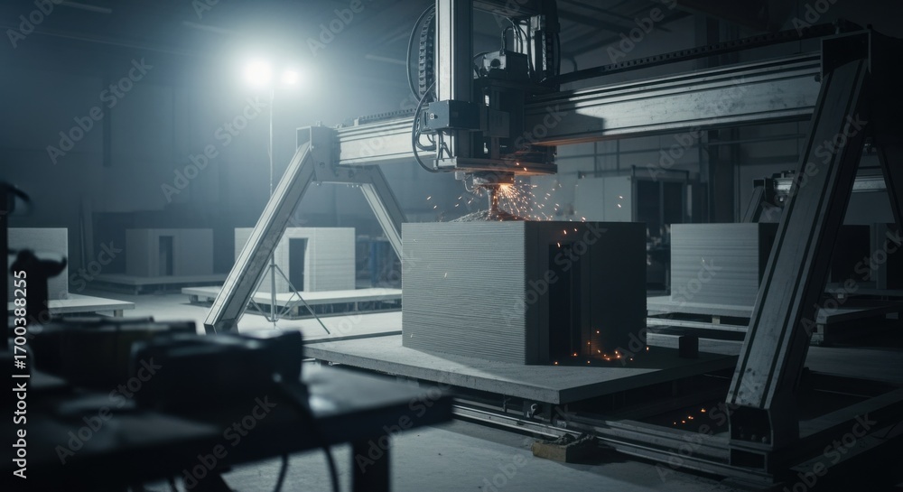 Poster interior view of a gantrybased printer constructing customized concrete modules for modular housing 
