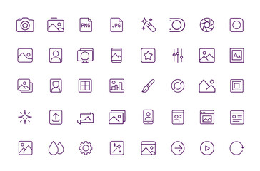 Photography Vector Icons Set, Camera, Photo, Picture, JPG, PNG, Digital Image Editing, Image Processing, Cropping, Shutter, Lens, Portrait, Landscape, Website, Mobile Design Tools