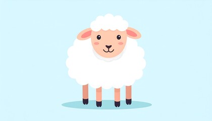 Obraz premium A cheerful, cartoon sheep stands against a soft, light blue backdrop, featuring simple lines and bright colors.
